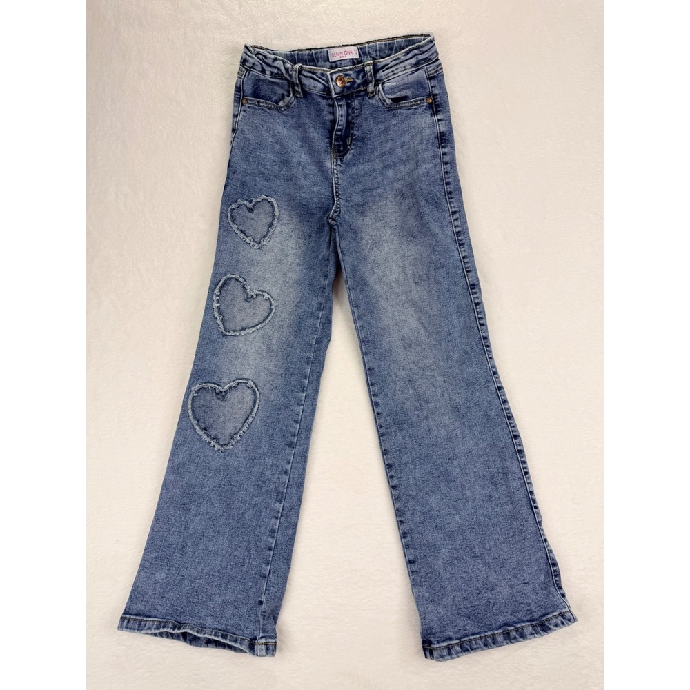Denim Diva Girls‎ Size 12 Blue Heart Patch Wide Leg Jeans Sz M Acid Wash Stretch